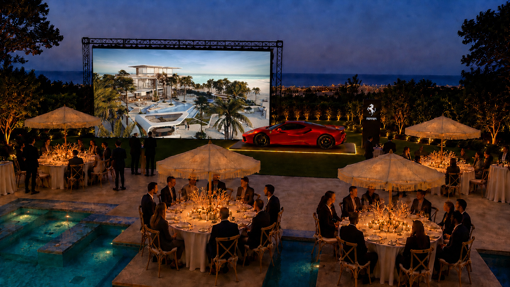 Dubai ad Albarella - the hosted evening at Capo Nord Hotel: outdoor dinner, big screen with AMÀLI, and Ferrari on stage